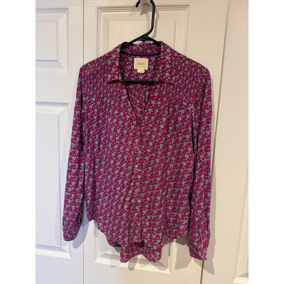 Anthropologie Purple Geometric Button Up Long Sleeve Shirt Top Blouse - Picture 4 of 7